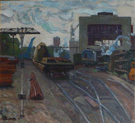 Bondarenko Russian oil of railway sidings 44 x 49cm